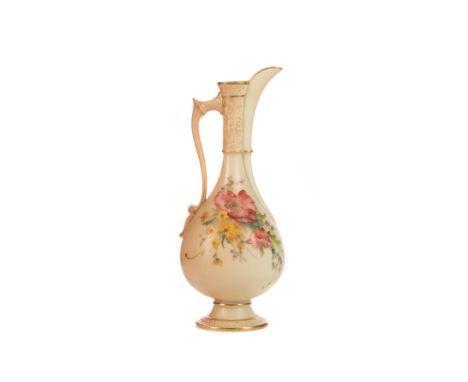 ROYAL WORCESTER BLUSH IVORY EWER, decorated with floral sprays, with a scroll moulded neck and handle, transfer mark in puce,