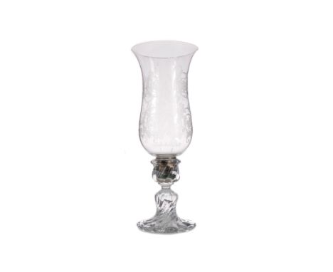 BACCARAT GLASS STORM LAMP, the hurricane shade etched with Neo-Classical designs, on a spreading lobed base, 40cm high