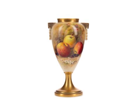 ROYAL WORCESTER DOUBLE HANDLED BALUSTER VASE, decorated with fruit and foliage against undergrowth, signed Ricketts, small vi