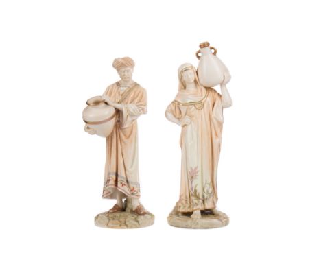 PAIR OF ROYAL WORCESTER ‘WATER CARRIER’ FIGURES, the male and female figures with floral bordered robes, transfer mark in puc