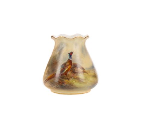 SMALL ROYAL WORCESTER SQUAT TAPERED VASE, decorated with a cock, hen and pheasant, signed Jas. Stinton, small vignette to rev