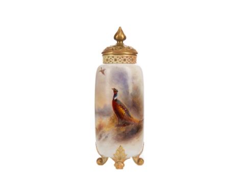 ROYAL WORCESTER CYLINDRICAL VASE AND COVER decorated with pheasant by a loch, signed Jas. Stinton, with vignette to reverse, 