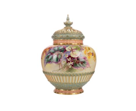 ROYAL WORCESTER BLUSH IVORY GLOBULAR POT POURRI AND COVER, decorated with floral sprays, signed W. Hale, with a basket weave 