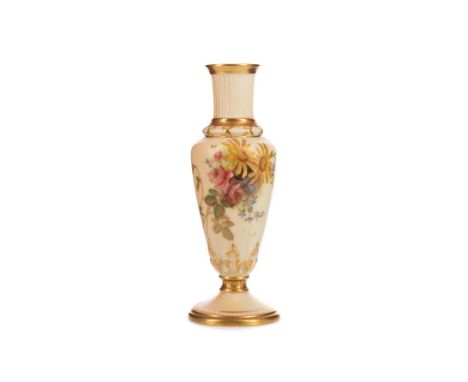 ROYAL WORCESTER BLUSH IVORY BALUSTER VASE, decorated with a floral spray within a ribbed neck and beaded base within gilt bor