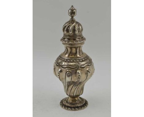 JAMES DEAKIN &amp; SONS A GEORGIAN DESIGN SILVER SUGAR SIFTER, of baluster form, wrythen repousse decoration, Sheffield 1897,