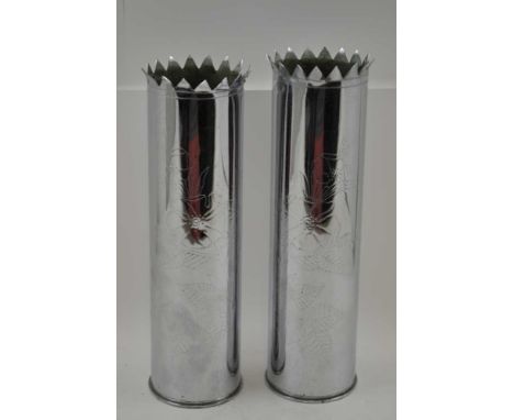 A PAIR OF FIRST WORLD WAR FRENCH TRENCH ART SHELL CASES, chromed finish, punched design 'Souvenir de Lorraine', sharks teeth 
