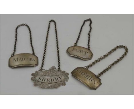 THOMAS FREEMAN A GEORGE IV SILVER DECANTER LABEL, pierced and engraved "Sherry" on a chain, Birmingham 1828, together with FO