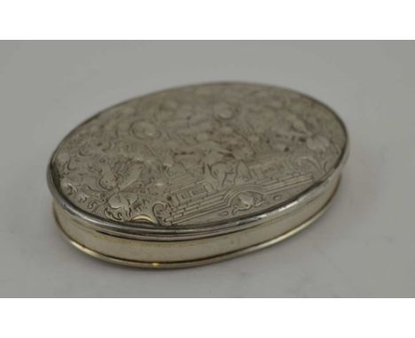 AN 18TH CENTURY OVAL SILVER SNUFF BOX, the repousse and engraved hinged cover with a scene of the goddess Diana the Huntress,