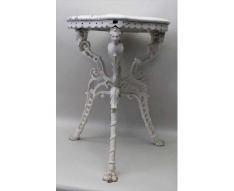 A VICTORIAN CAST IRON BASED GARDEN TABLE, the shaped wooden top over base with mask decoration, all over white painted, 74cm 