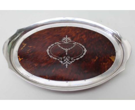 A SILVER &amp; TORTOISESHELL DRESSING TABLE TRAY, Birmingham 1928, with inlaid decoration, 31cm x 21cm 