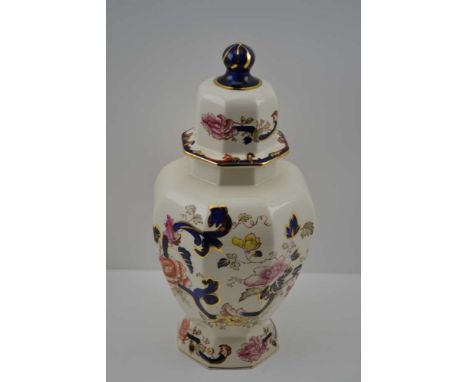 A MASONS IRONSTONE CERAMIC VASE &amp; COVER of faceted baluster form, "Mandalay" pattern, 33cm high 