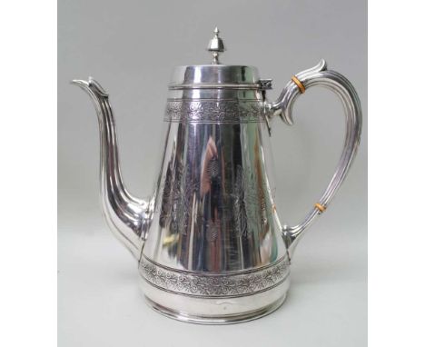 A VICTORIAN SILVER-PLATED COFFEE POT by Cook &amp; Kelvey, c.1875, with engraved decoration 