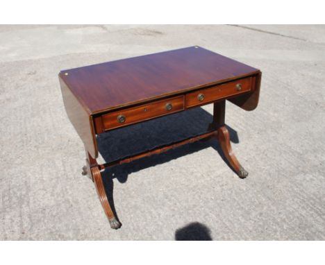 A mahogany and banded sofa table, fitted two drawers, on panel ends and splay supports, 36" wide x 24" deep x 28" high 