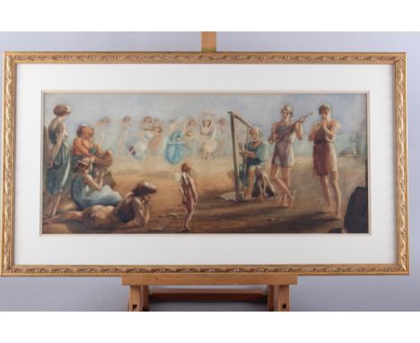 R C Perry: watercolours, Bacchanalian gathering", 10" x 22 1/2", in carved gilt strip frame 