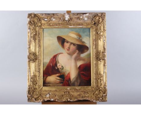J J Hill?: oil on canvas, portrait of a woman with carnation at her breast, 13" x 10 3/4", in carved gilt frame (paint chips 