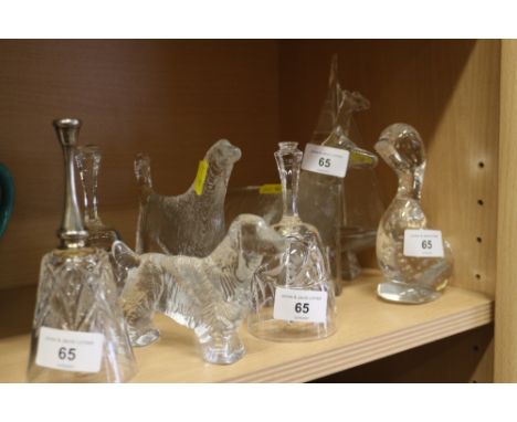 Three glass models of dogs, tallest 5 1/4" high, a similar model of a giraffe, a glass model of a duck, 5 3/4" high, a glass 
