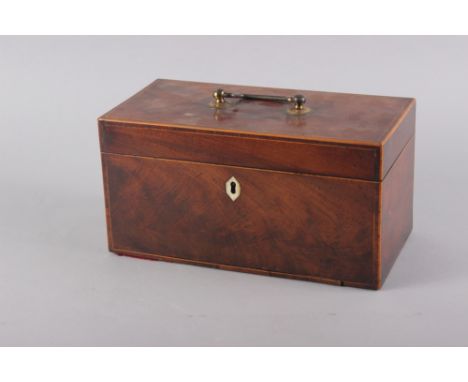 An early 20th century mahogany and string inlaid tea caddy, 12" wide x 6 1/4" high 