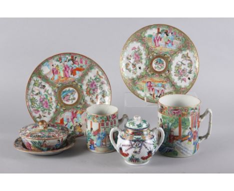 Two Canton enamel tankards, a similar oval dish, cover and stand, two similar plates and a two-handled vase and cover (all da