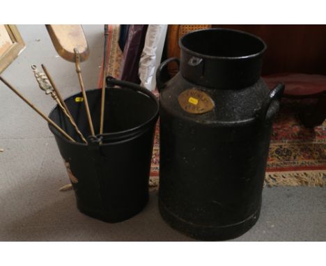 A black metal milk churn, 20 3/4" high, a black metal bucket, decorated with a pig,&nbsp;an antler light pendant ( one chain 