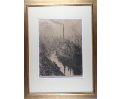 A late 19th century Continental signed lithograph, industrial city, in gilt frame 