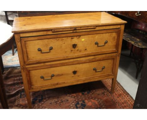 A 19th century French provincial fruitwood commode, fitted slide over two drawers, on square taper supports, 41" wide x 19 1/