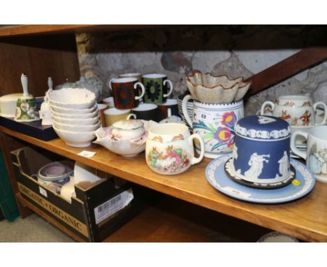 A Susie Cooper part coffee set, a Poole mug, 4 1/2" high, three pieces of Wedgwood jasperware and other decorative ceramics 