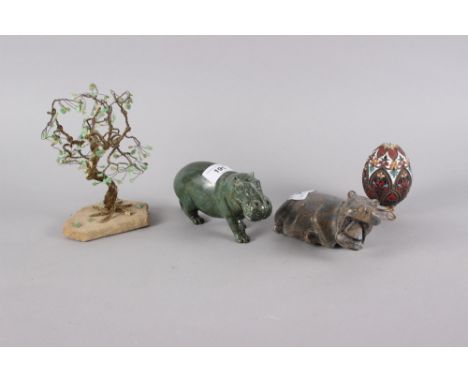 Two hardstone model hippopotamuses  (tallest 3 1/4" high), a wire and hardstone tree, 6 3/4" high, and a cloisonne egg, on st