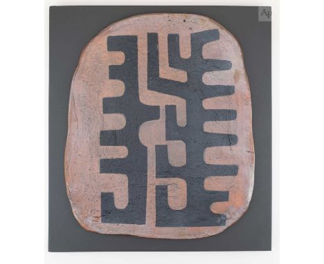 SUE HANNA (born 1963); a wall piece comprising a large burnished raku plaque mounted on board decorated with a geometric kuba