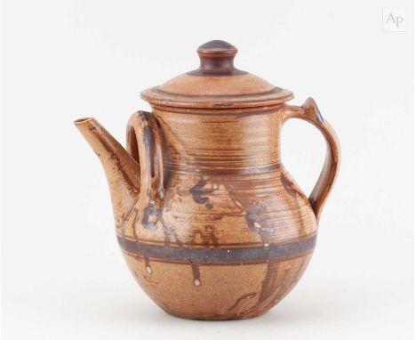 † SVEND BAYER (born 1946) for Wenford Bridge Pottery; a stoneware coffee pot covered in a mottled tan glaze with iron decorat