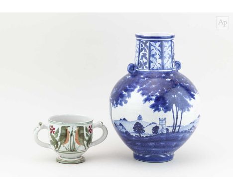 † LAURENCE McGOWAN (born 1942); a Maiolica style stoneware bottle decorated with a countryside scene, painted McG and year ma