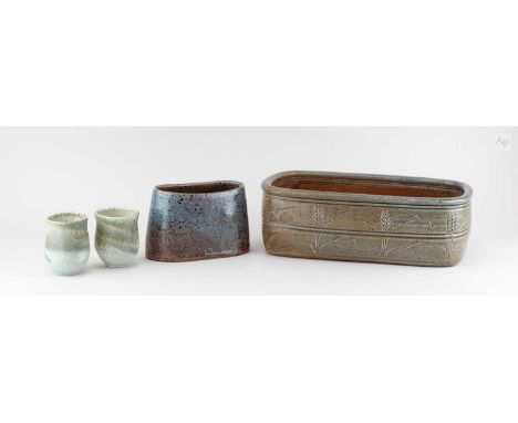 † TOFF MILWAY (born 1949); a large rectangular salt glazed planter, trailed signature and impressed mark, 33 x 18.5cm, and an