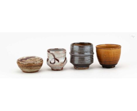 † PHIL ROGERS (1951-2020); a salt glazed yunomi, impressed PR mark, height 8.5cm, and a porcelain cup, guinomi, and small box