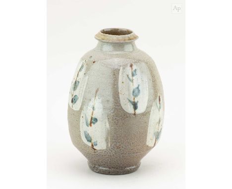 † PHIL ROGERS (1951-2020); a salt glazed bottle with panels of brushed slip decorated with iron and cobalt, impressed PR mark