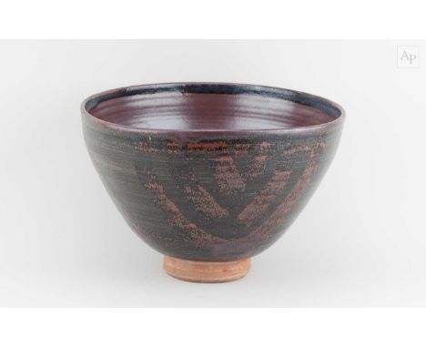 † WILLIAM STAITE MURRAY (1881-1962); a large deep stoneware bowl covered in green/grey and kaki glaze with wax resist decorat