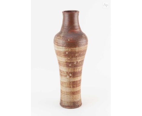 † WILLIAM STAITE MURRAY (1881-1962); a tall stoneware bottle covered in alternating bands of oatmeal and iron glaze, impresse