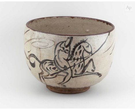 † WILLIAM STAITE MURRAY (1881-1962); a very large deep stoneware bowl covered in mottled pale grey glaze decorated with a fri