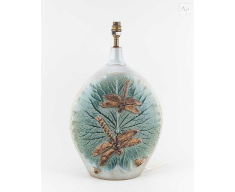 † BERNARD ROOKE (born 1938); a large stoneware lamp base decorated with dragonflies, incised BR mark and pottery sticker, hei