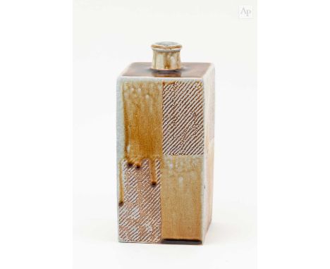 † PHIL ROGERS (1951-2020); a square stoneware bottle covered in ash and salt glaze with quartered and incised decoration, imp
