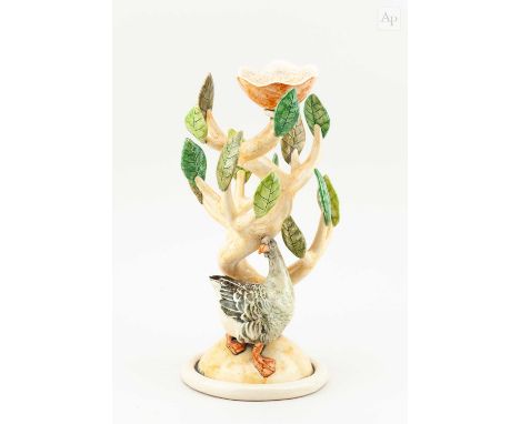 † ANNA LAMBERT (born 1957); an earthenware candleholder modelled as a tree with a goose sheltering beneath, incised signature