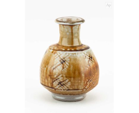 † PHIL ROGERS (1951-2020); a salt glazed bottle covered in running iron glaze with paddled decoration, impressed PR and MP (f