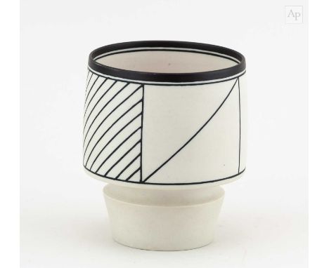 † NICHOLAS HOMOKY (born 1950); a polished and unglazed porcelain cup inlaid with black oxide linear decoration, made 1979, he