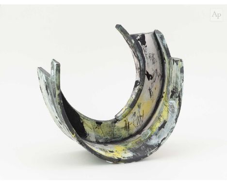 † REBECCA APPLEBY (born 1979); an earthenware curved form covered in yellow, black and white slip with ceramic chalk and penc