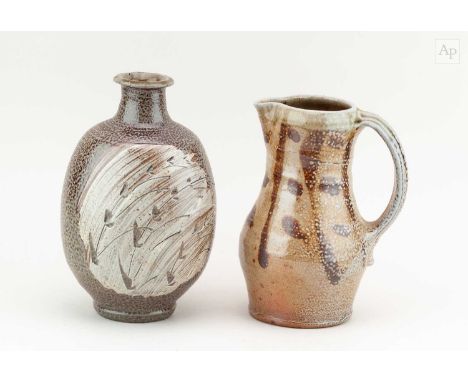 † PHIL ROGERS (1951-2020); a salt glazed bottle partially covered in brushed slip with incised decoration, impressed PR mark,