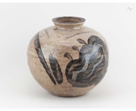† WILLIAM STAITE MURRAY (1881-1962); a globular stoneware vase covered in grey crackle glaze with iron and cobalt decoration,
