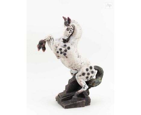 † LAWSON RUDGE (born 1936); a tall raku sculpture of a prancing horse, incised signature, height 44.5cm.Condition Report: Low