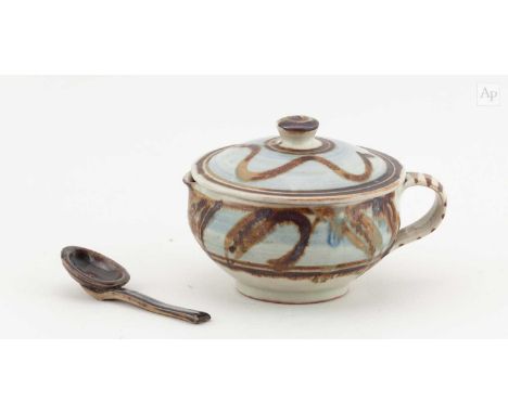 † MICHAEL CARDEW (1901-1983) for Wenford Bridge Pottery; a stoneware sauce boat and cover with original spoon covered in pale