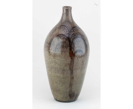 † WILLIAM STAITE MURRAY (1881-1962); a stoneware bottle covered in mottled grey glaze with tenmoku breaking to kaki tree deco