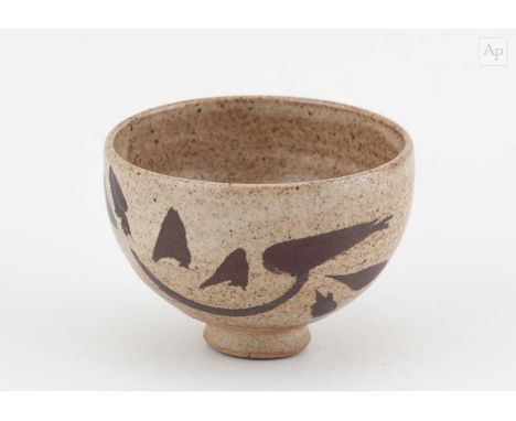 † WILLIAM STAITE MURRAY (1881-1962); a small stoneware bowl covered in oatmeal glaze with iron decoration, impressed M mark, 
