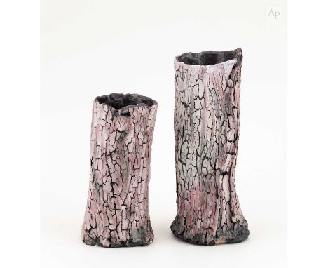 † EDDIE CURTIS (born 1953); a cylindrical stoneware vessel from the 'Blast' series covered in peeling pink glaze, impressed E