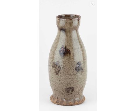 † WILLIAM STAITE MURRAY (1881-1962); a stoneware bottle with splayed base covered in mottled green/grey glaze with tenmoku br
